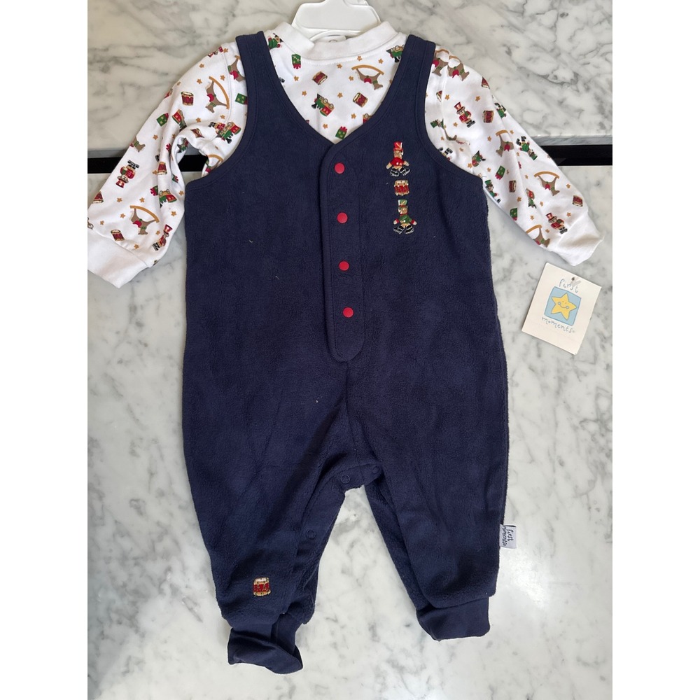 First Moments Boy 6-9M Holiday Fleece Overalls & Bodysuit Set Nutcracker Navy
